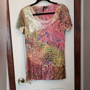 New Directions Sequin Rhinestone Studded Floral Animal Print Top Women Medium
